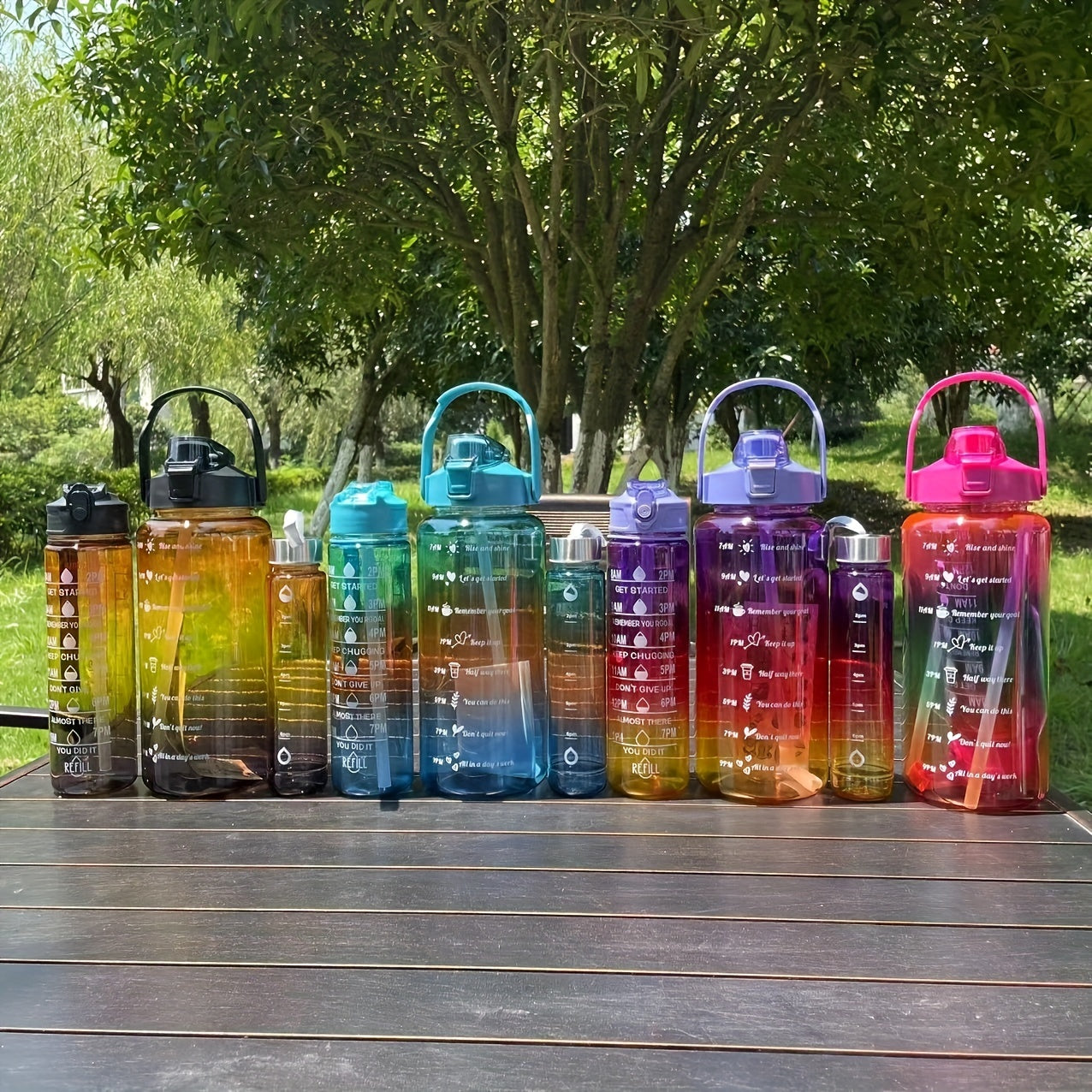 Gradient Leakproof Water Bottle with Time Marker and Straw Cup
