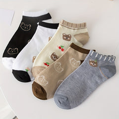 5 Pairs Cartoon Bear Print Socks Women's Stockings