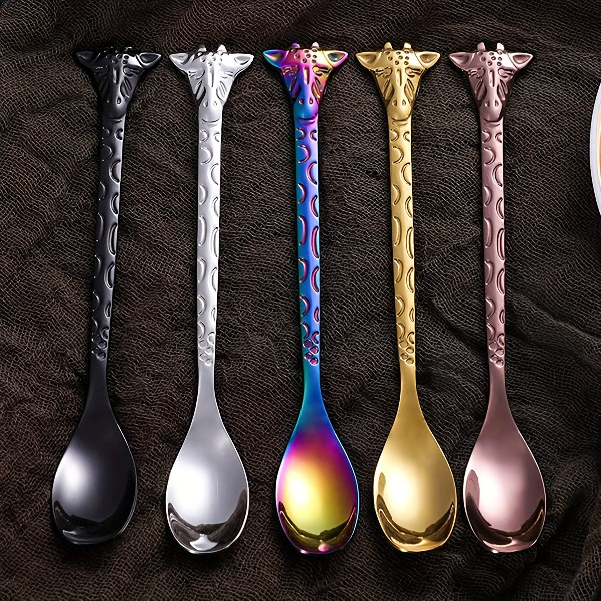 5PCS Giraffe Stainless Steel Dessert Spoon & Fork Animal Fruit Fork Mixing Spoon