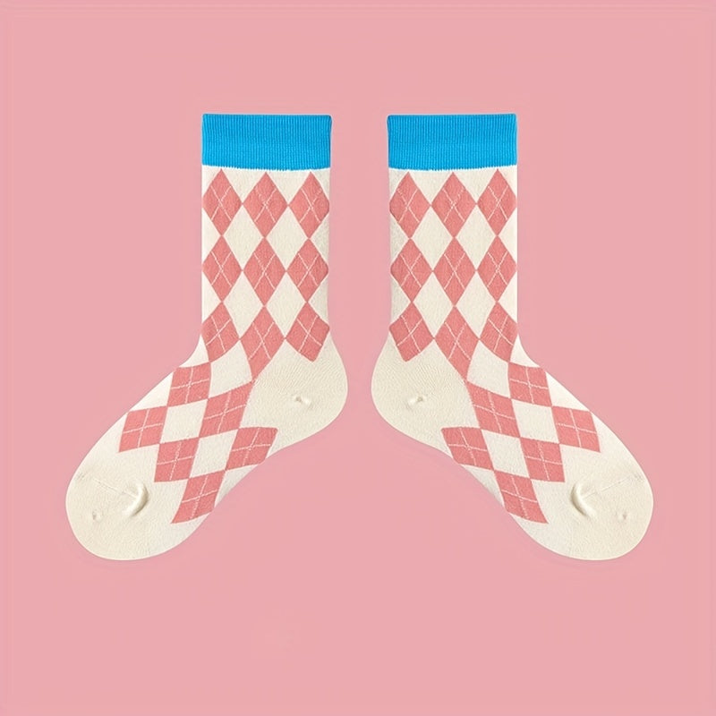4 Pairs Plaid Colorblock Socks Soft Mid Tube Women Stockings