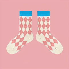 4 Pairs Plaid Colorblock Socks Soft Mid Tube Women Stockings