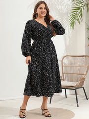  Dot Print Lantern Sleeve V Neck Midi Dress