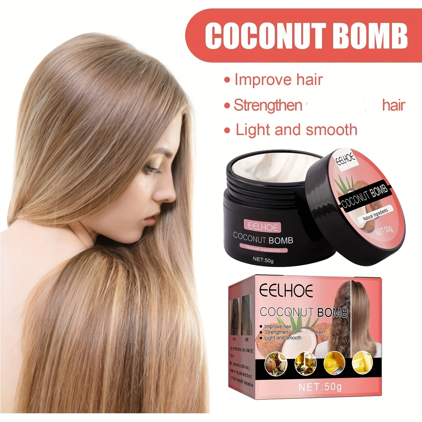 50g Coconut Bomb Hair Mask Repairs Dry & Damaged Hair, Makes Hair Smooth