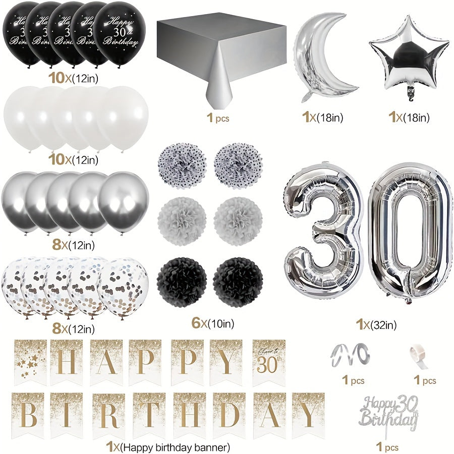 30th Birthday Silver Flower Wreath Balloon & Confetti Decoration