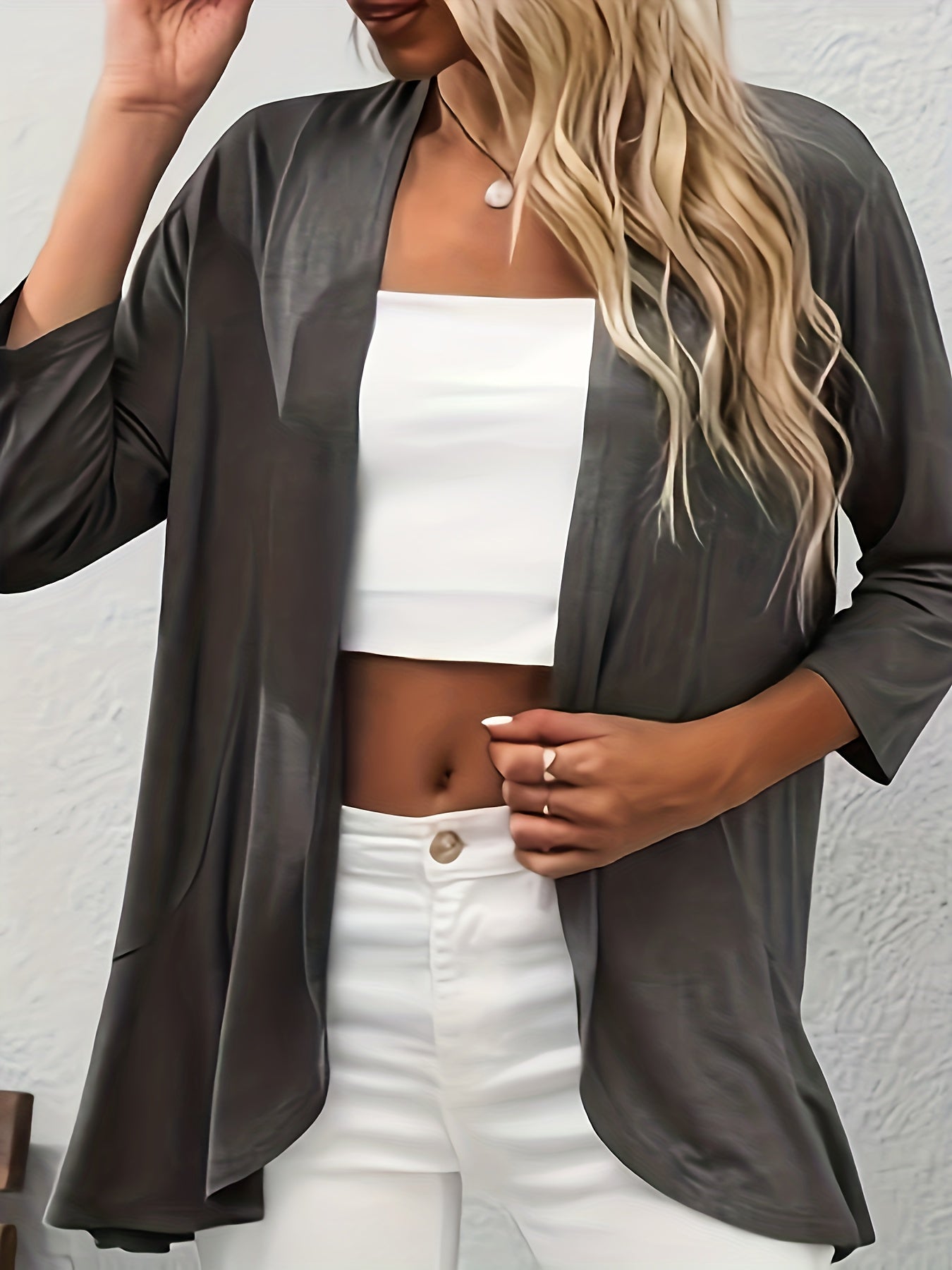  Solid Open Front Half Sleeve Cardigan