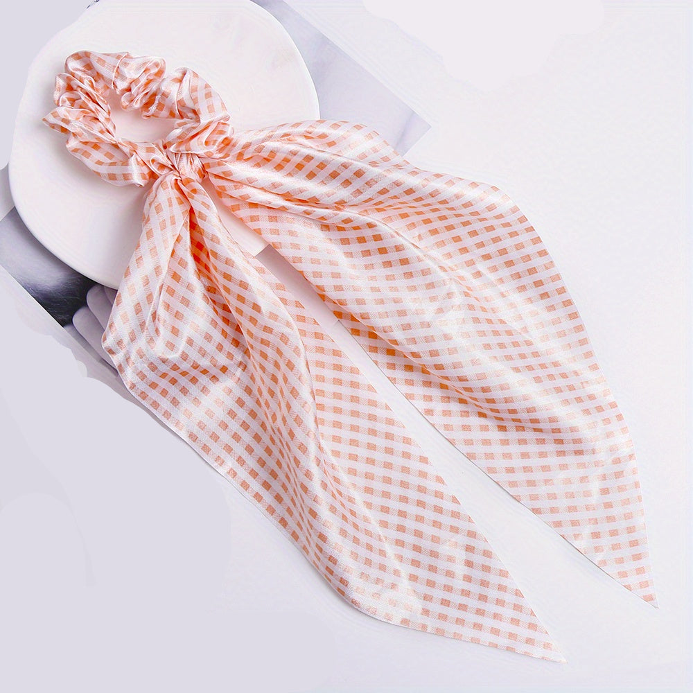 Vintage French Hair Tie Streamer Large Scrunchie Bow Hair Ring Plaid Head Rope
