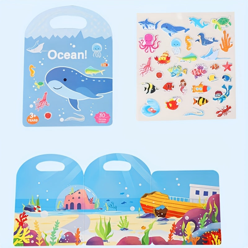 Reusable Waterproof Sticker Book Kids Double Sided Dinosaurs Animals & Vehicles