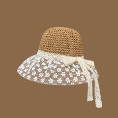 Lace Flower Brim Sun Hat Ribbon Bowknot Straw Hat