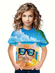 3D Beach Kitty Short Sleeve T shirt for Boys Girls