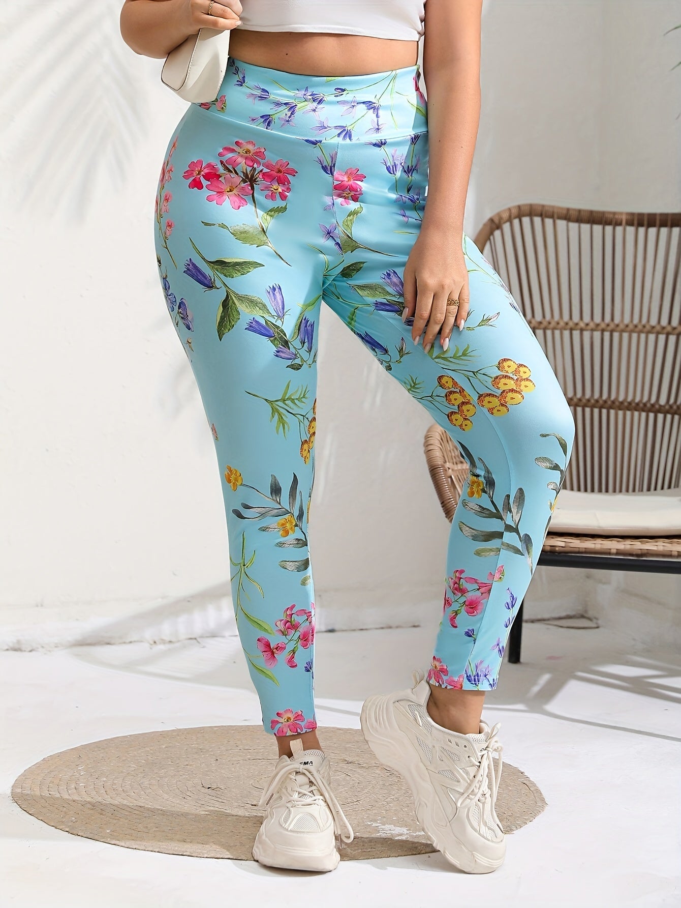  Casual Leggings Women's Plus Floral Print High Rise Leggings