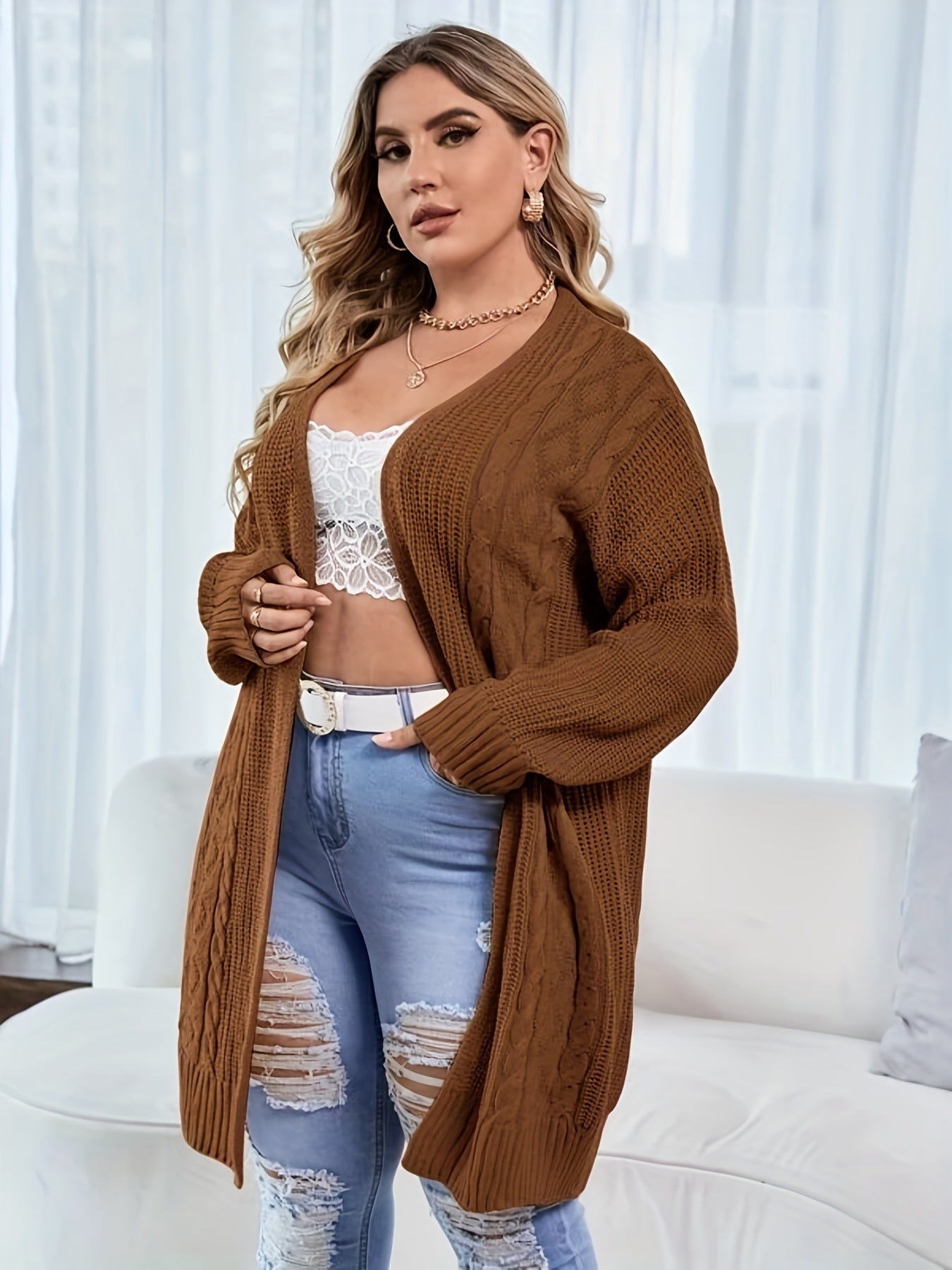  Casual Cardigan Women's Plus Solid Cable Knit Open Front Cardigan