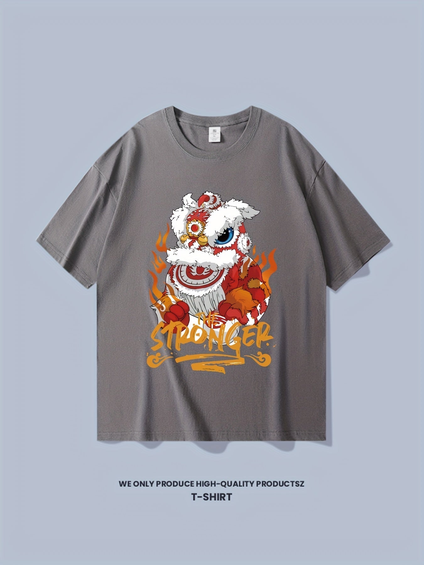 Cotton Stronger & Lion Dance Print Men's Graphic Crew Neck T-shirt