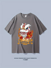 Cotton Stronger & Lion Dance Print Men's Graphic Crew Neck T-shirt