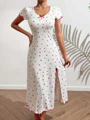 Heart Print NightDress Short Sleeve Split Pajama Dress