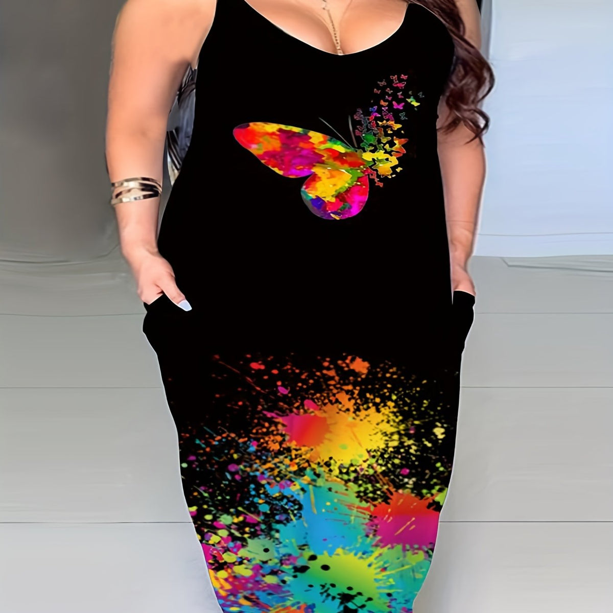 Splash Print Maxi Cami Dress V Neck Stretch With Pockets