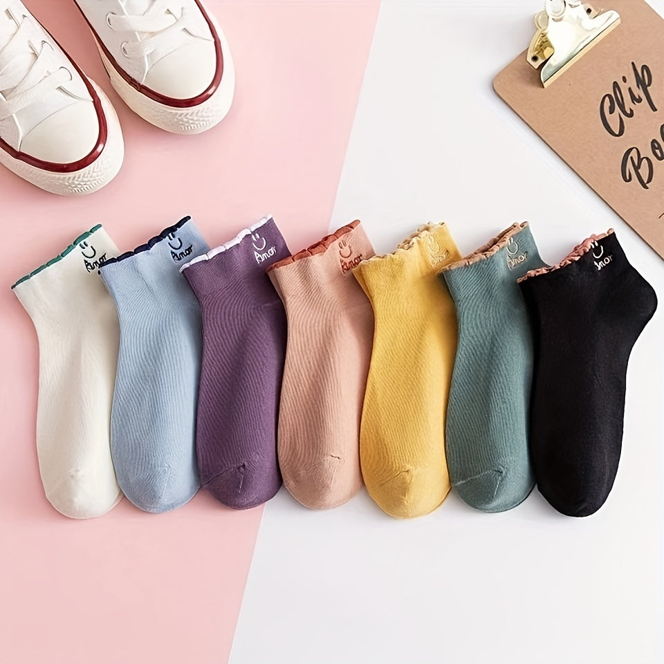 7 Pairs Smiling Print Socks Comfy & Short Socks Women's Stockings