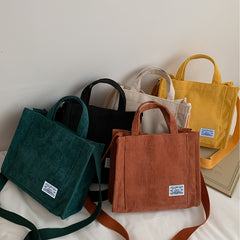 Letter Patch Corduroy Tote Bag Casual Shoulder Bag Retro Style Crossbody Bag