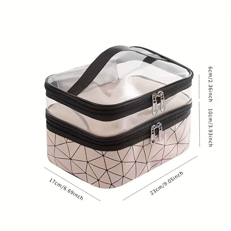 Double Layer Clear Geometric Stripes Handheld Cosmetic Bag