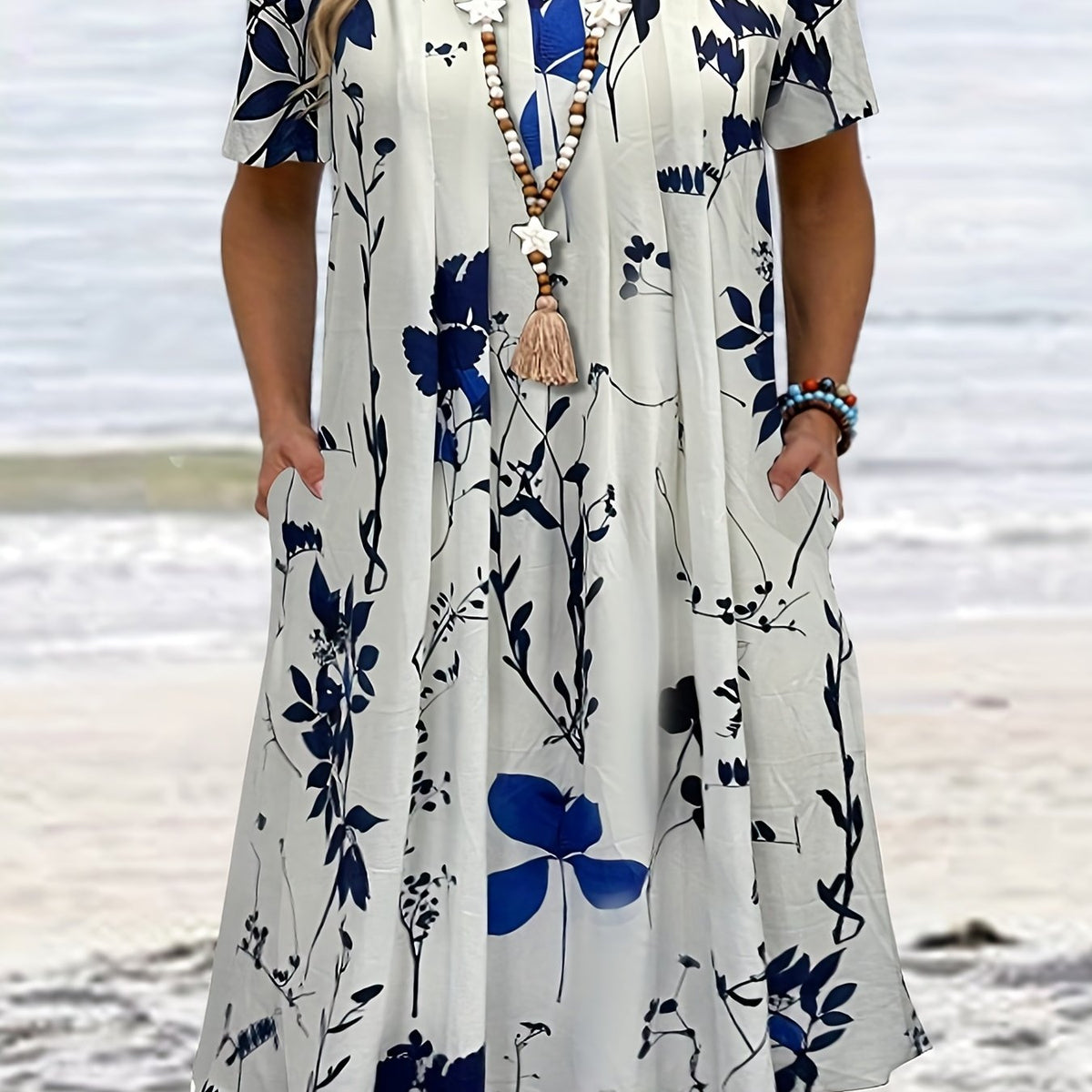 Floral Print Short Sleeve Plus Size Casual Dress with Pockets