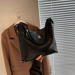 Metal Chain Large Capacity Tote Bag PU Leather Textured Shoulder Bag