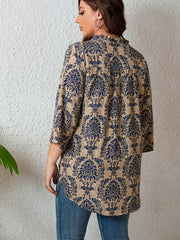  Boho Blouse Women's Plus Damask Print Notched Neck Blouse