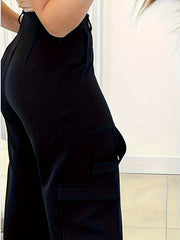  Solid High Rise Wide Leg Cargo Trousers