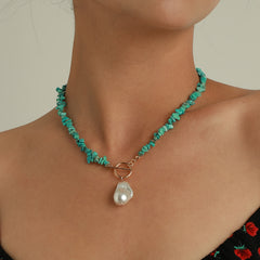 Vintage Pearl Pendant Turquoise Beaded Boho Ethnic Style Necklace