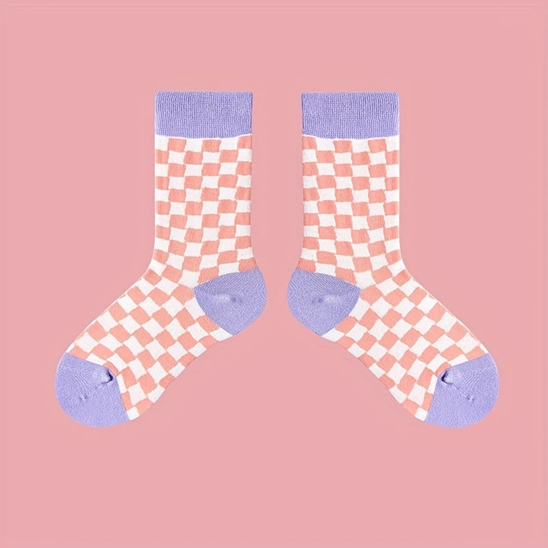 4 Pairs Plaid Colorblock Socks Soft Mid Tube Women Stockings