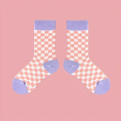 4 Pairs Plaid Colorblock Socks Soft Mid Tube Women Stockings