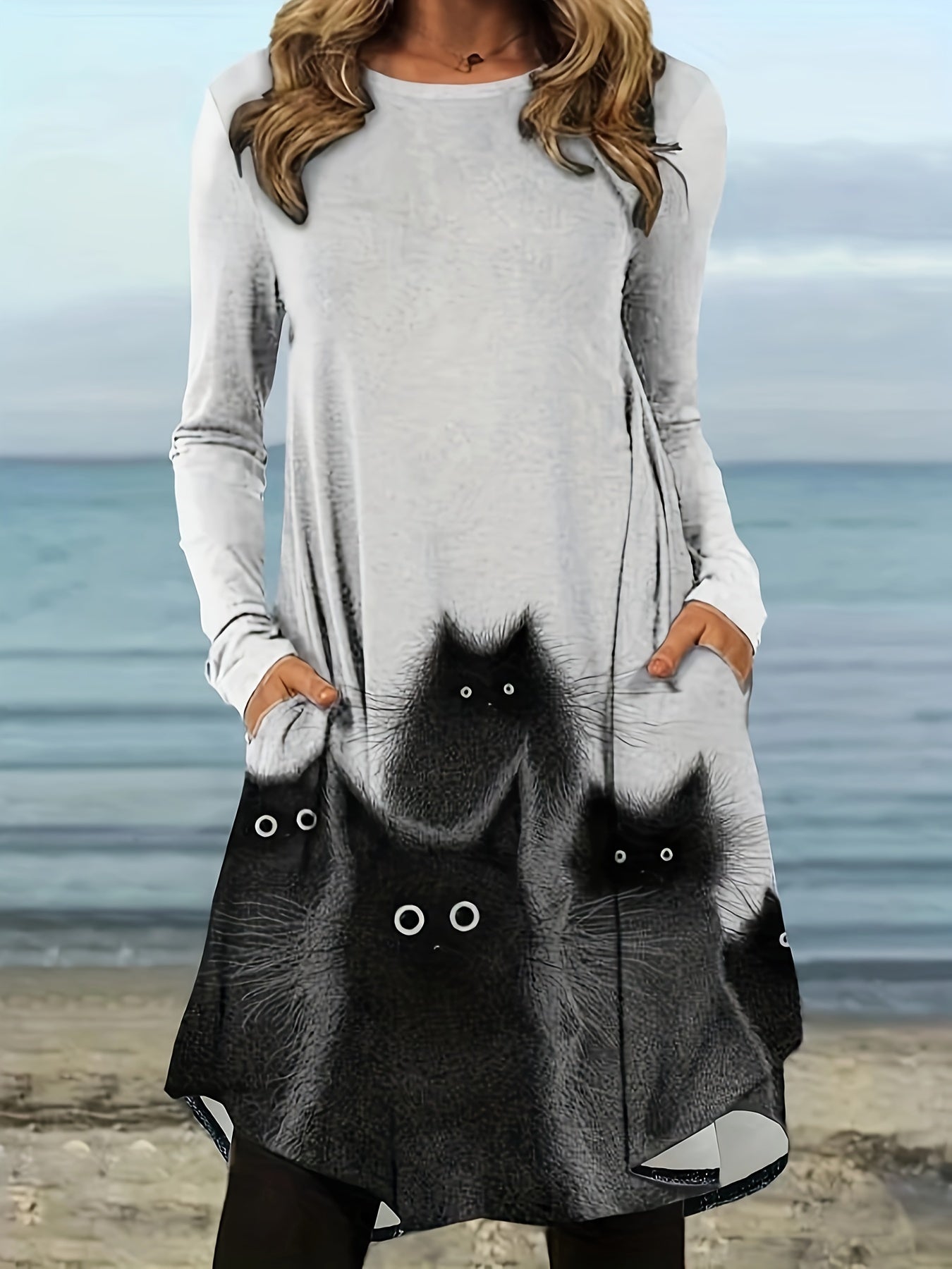  Cat Print Long Sleeve Dress With Pockets