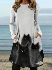  Cat Print Long Sleeve Dress With Pockets