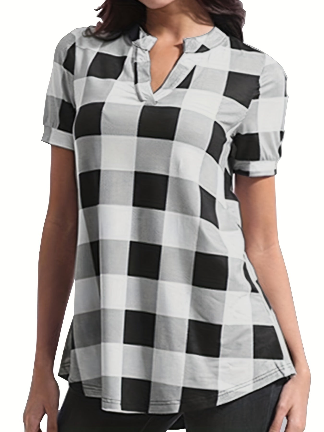  Gingham Print Short Sleeve Blouse Notched Neck Top
