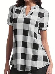  Gingham Print Short Sleeve Blouse Notched Neck Top