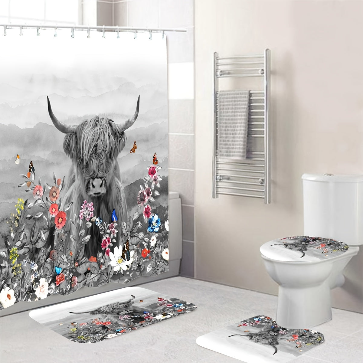Cow Flower Shower Curtain & Rugs Set