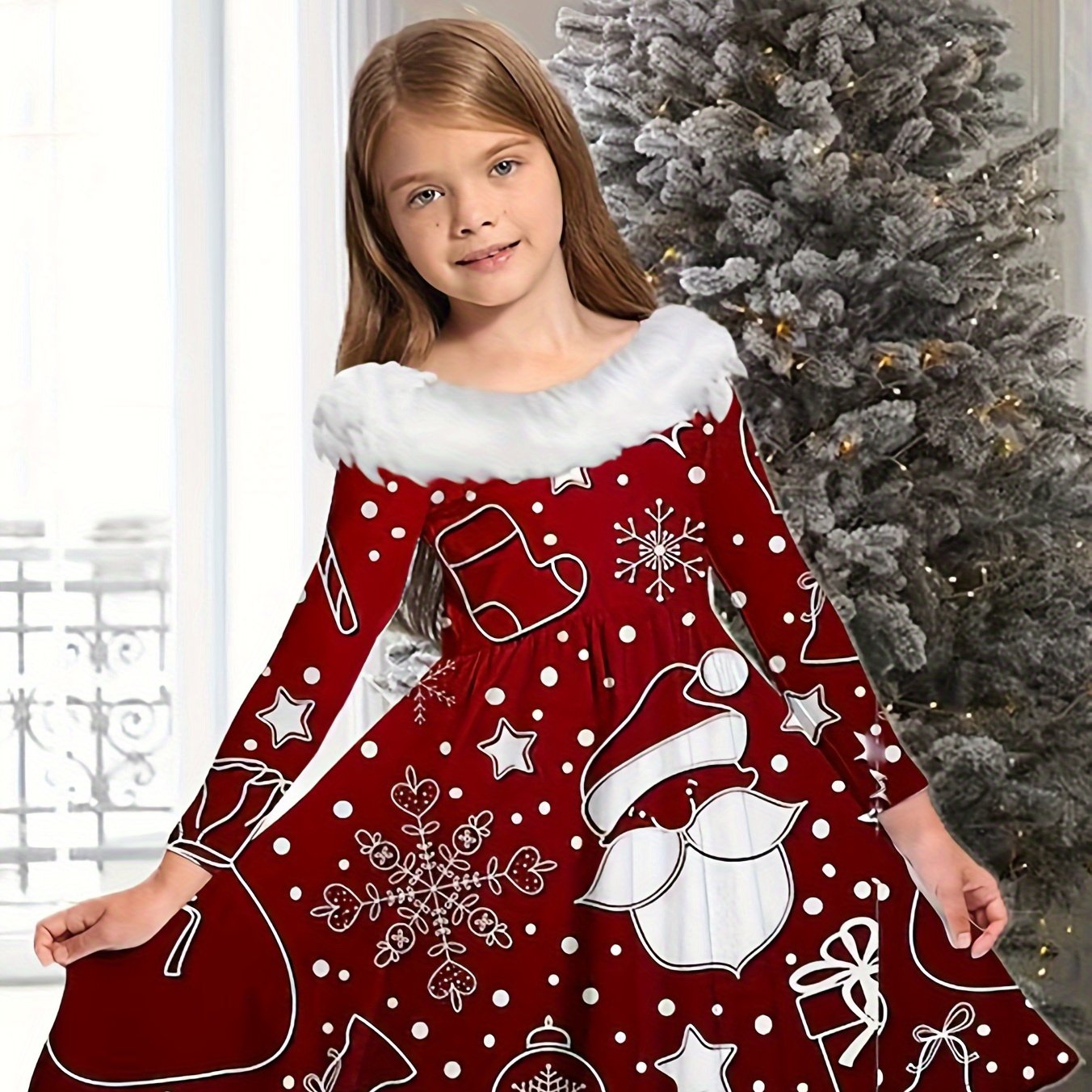 Girls Santa Long Sleeve Dress Christmas Gift