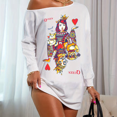  Poker Print One Shoulder Long Sleeve Mini Tee Dress