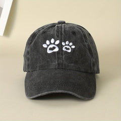 Gray Paw Print Embroidery Baseball Cap Distressed Dad Hat