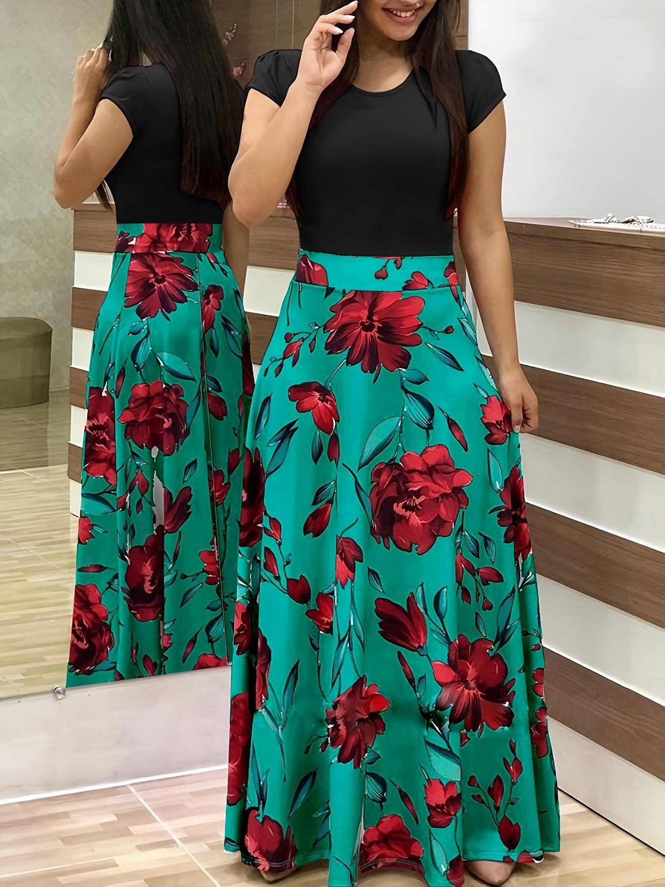  Floral Print Short Sleeve Nipped Waist Dress