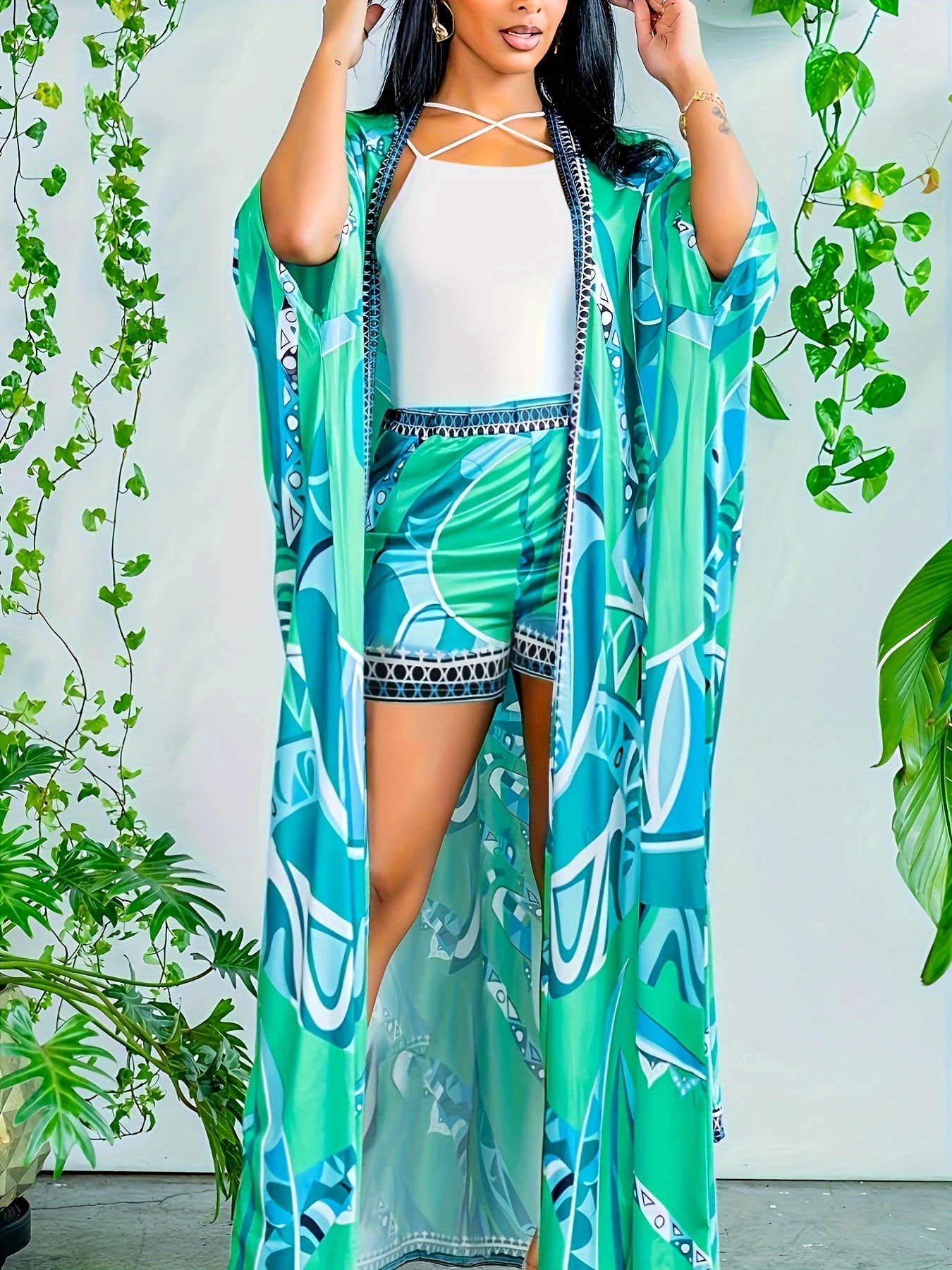  Boho 2 Piece Set Women's Floral Bat Sleeve Cover Up & Shorts
