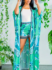  Boho 2 Piece Set Women's Floral Bat Sleeve Cover Up & Shorts