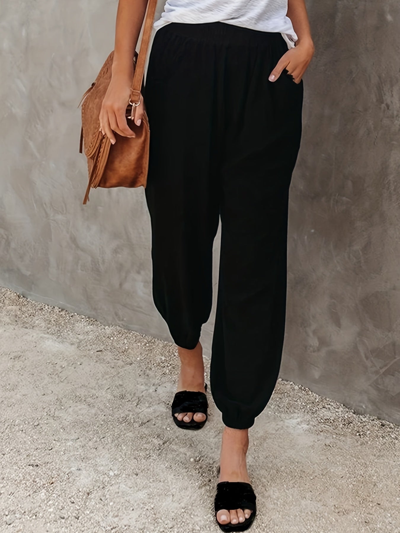  Solid Elastic High Rise Loose Fit Jogger Trousers With Pockets
