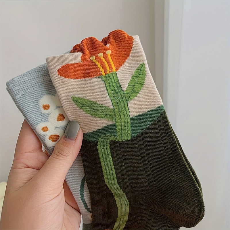 5 Pairs Floral Print Socks Comfy & Mid Tube Socks Women's Stockings