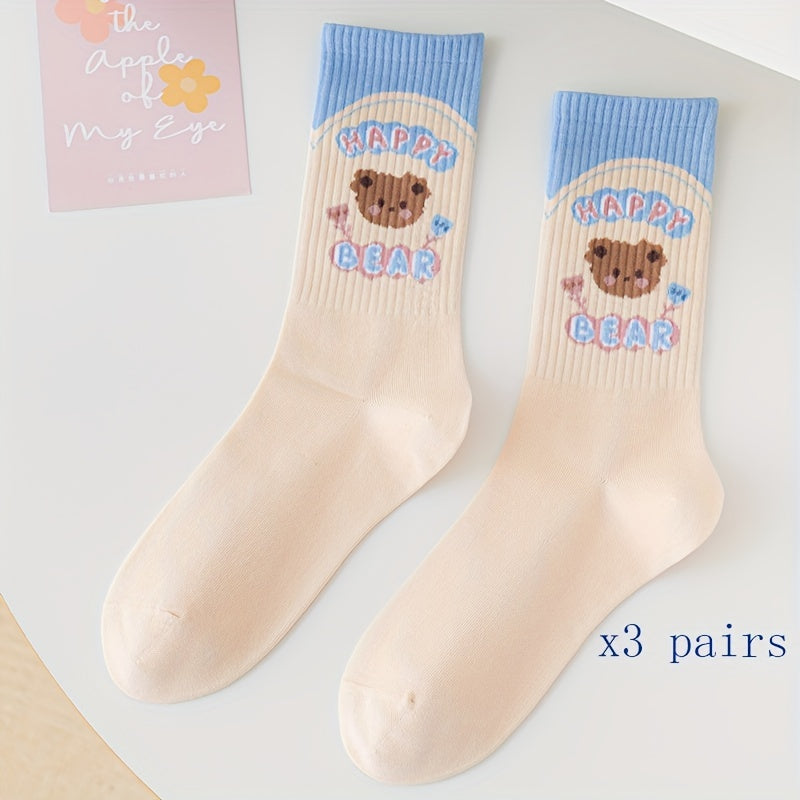 3 Pairs Bear & Bunny Crew Socks Women's Stockings