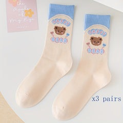 3 Pairs Bear & Bunny Crew Socks Women's Stockings