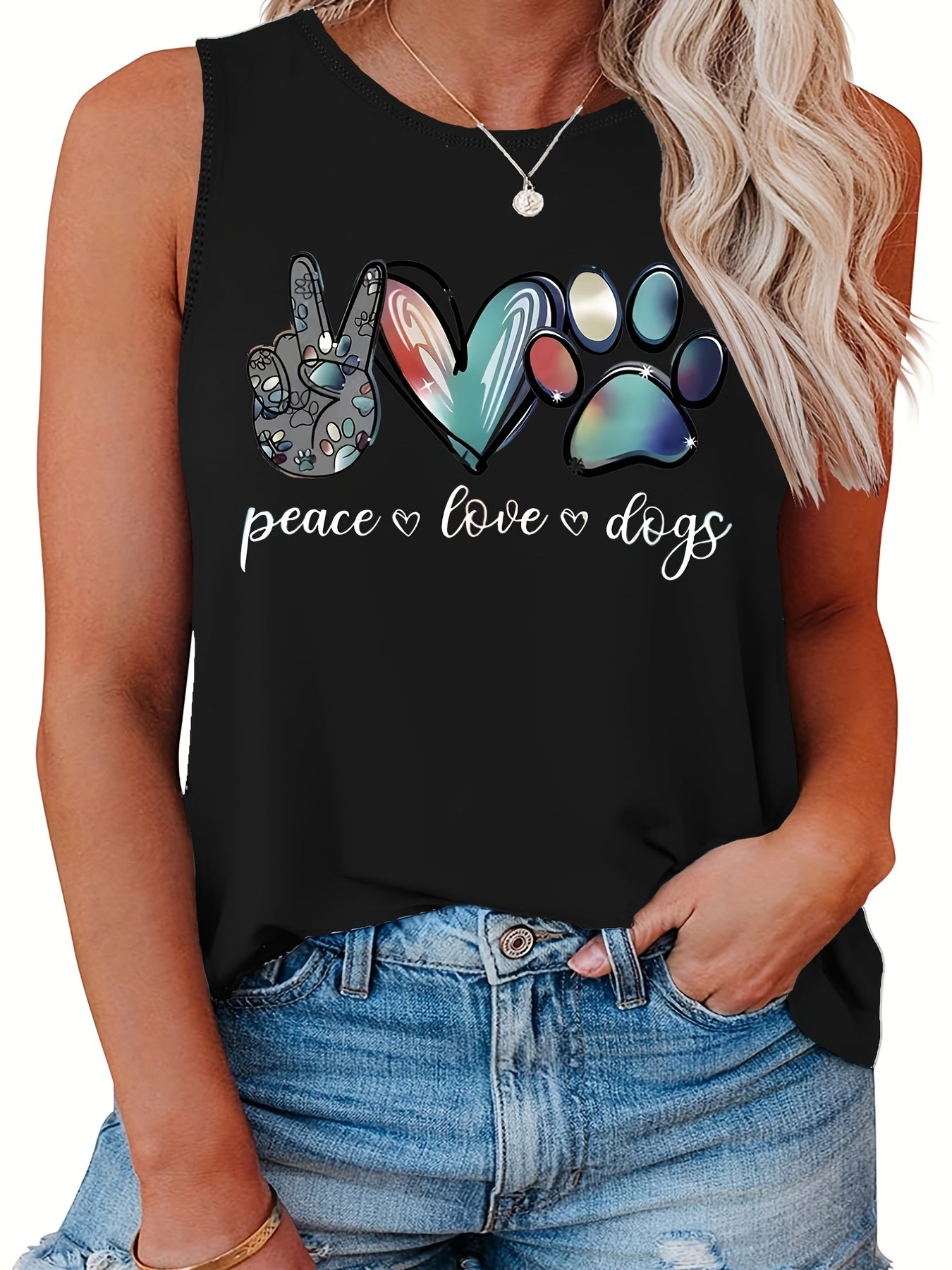  Casual Tank Top Women's Plus Art Letter & Heart Print