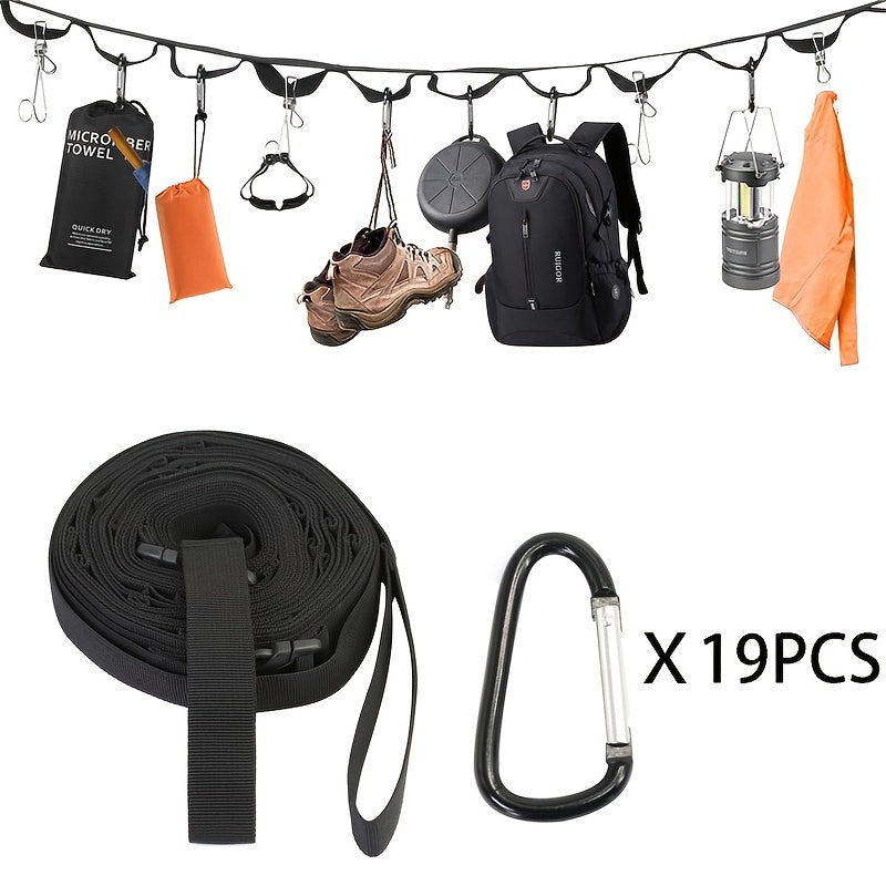 19 Hook Camping Clothesline with Carabiner for Storage & Drying