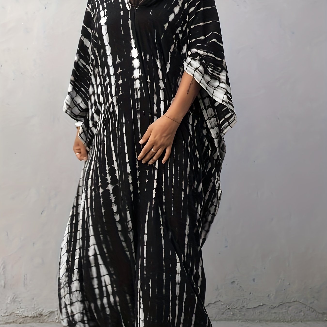  Boho Cover Up Tie Dye Striped Bat Sleeve V Neck Split Max