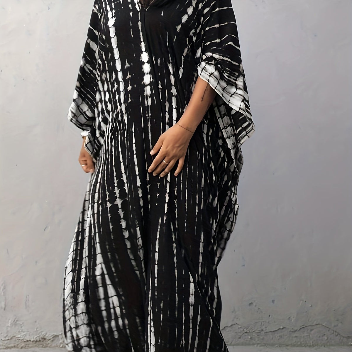  Boho Cover Up Tie Dye Striped Bat Sleeve V Neck Split Max