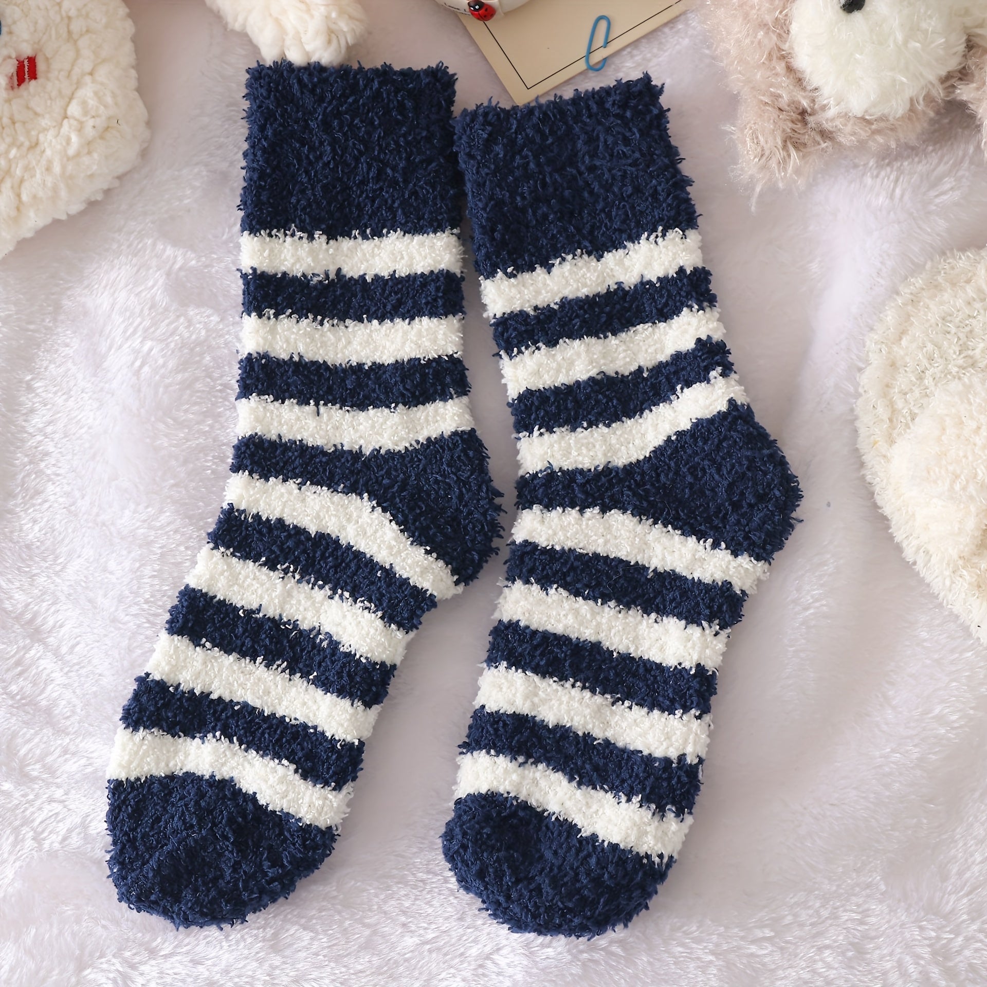 5 Pairs Striped Fuzzy Socks Comfy & Warm Mid Tube Stockings