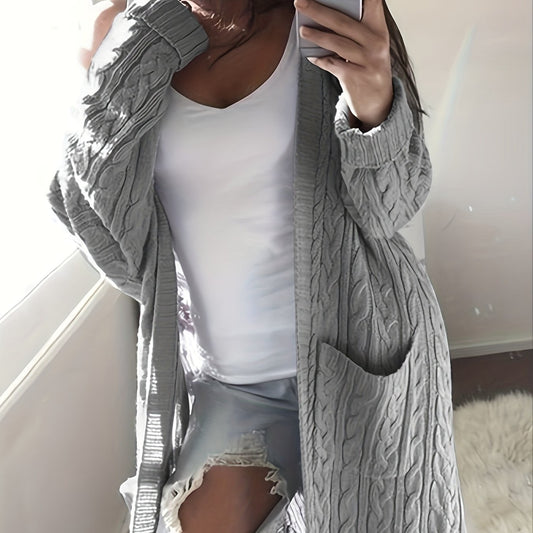  Cable Knit Open Front Cardigan with Pockets